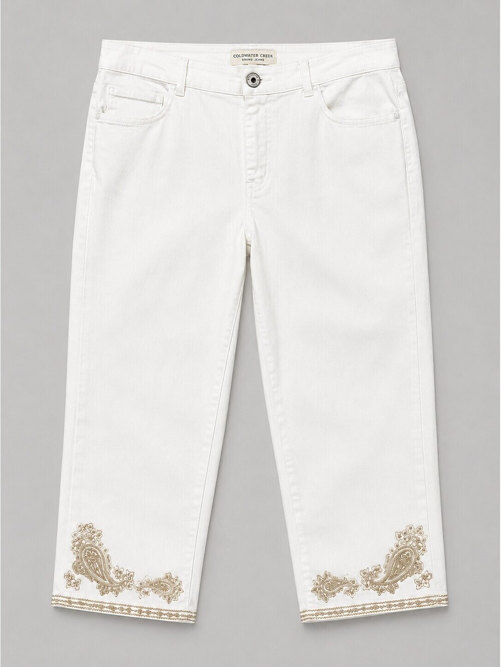 Coldwater Creek 10 White Cropped Jeans Gold Paisley Embroidered Boho Western Y2K